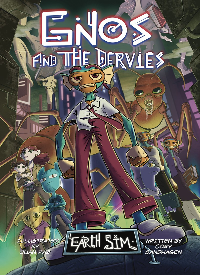Cover of Gnos and The Dervies: Gnos stands in a shirt and tie in front of the Earth Sim sign, his family and the Arbiter behind him.