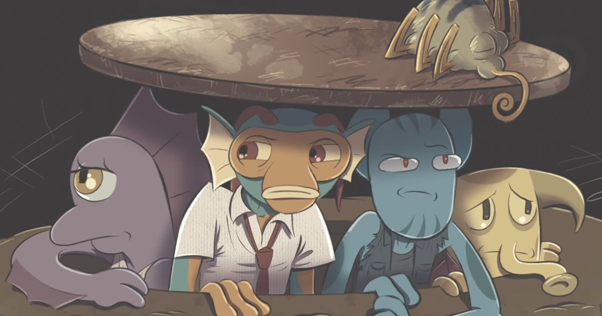 Gnos and the Dervies crouched together under a table, looking out.