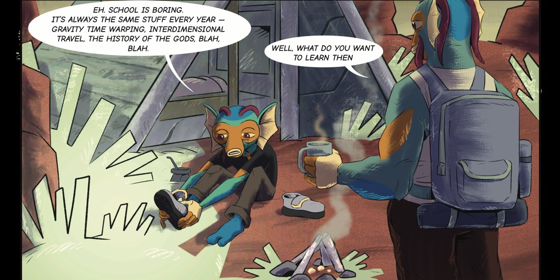 Panel: Gnos complains that school is boring, always the same stuff every year, gravity time warping, interdimensional travel, the history of the gods.