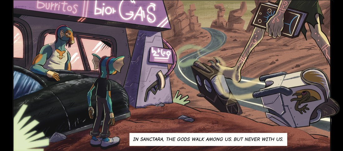 Panel: a gas station on the desert highway. Caption reads, in Sanctara the gods walk among us, but never with us.