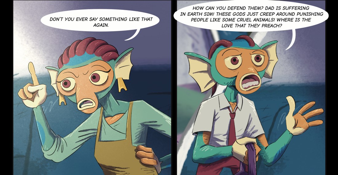 Panel: Gnos argues with his mother about the gods punishing people while claiming to preach love.